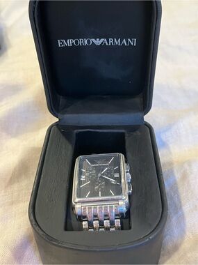 EUC Tested Emporio Armani AR-0412 Tank Style Stainless Steel Chronograph Watch